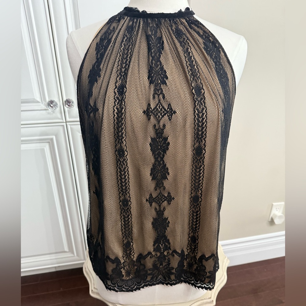Max Studio Women's Size Medium Sleeveless Black Lace Over Nude Lining Blouse